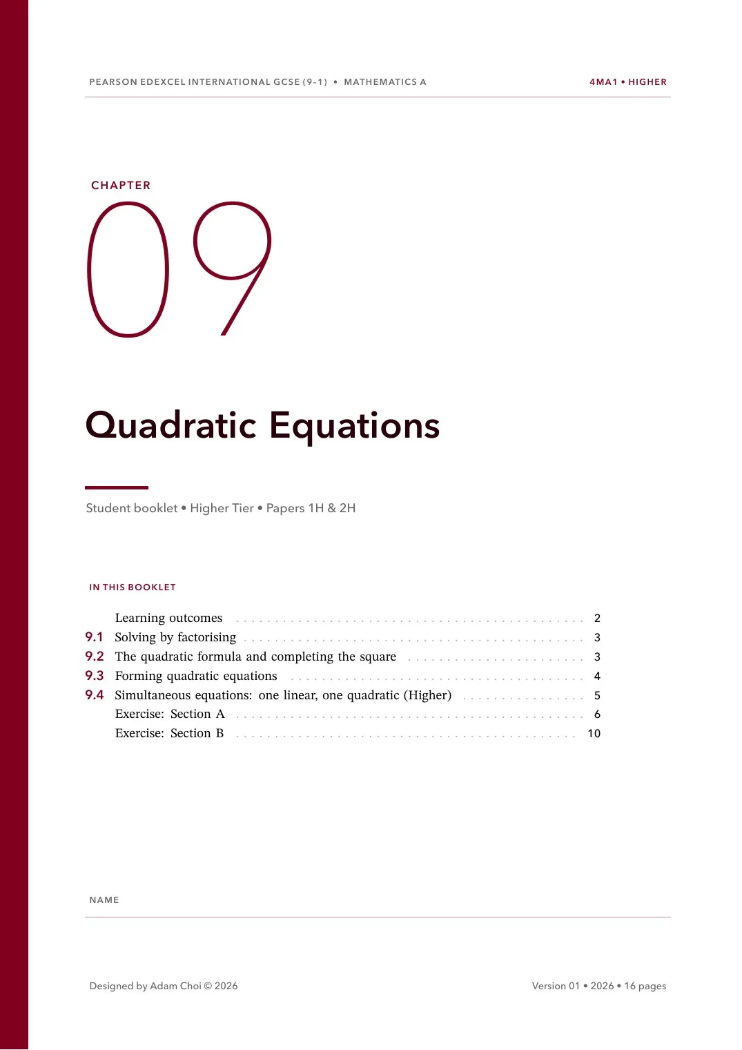 Maths booklet cover and contents
